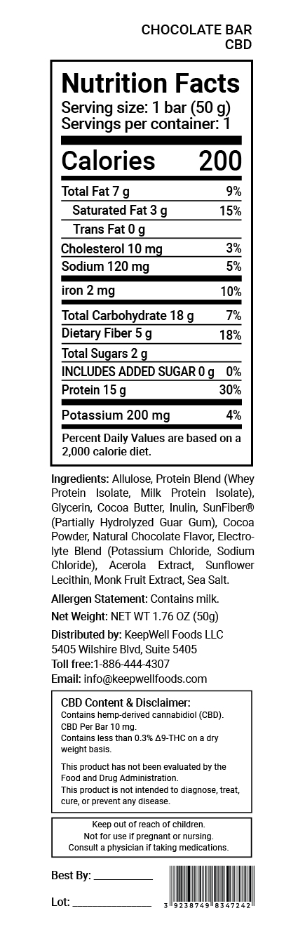 Chocolate Protein Bar (CBD) Nutrition Facts
