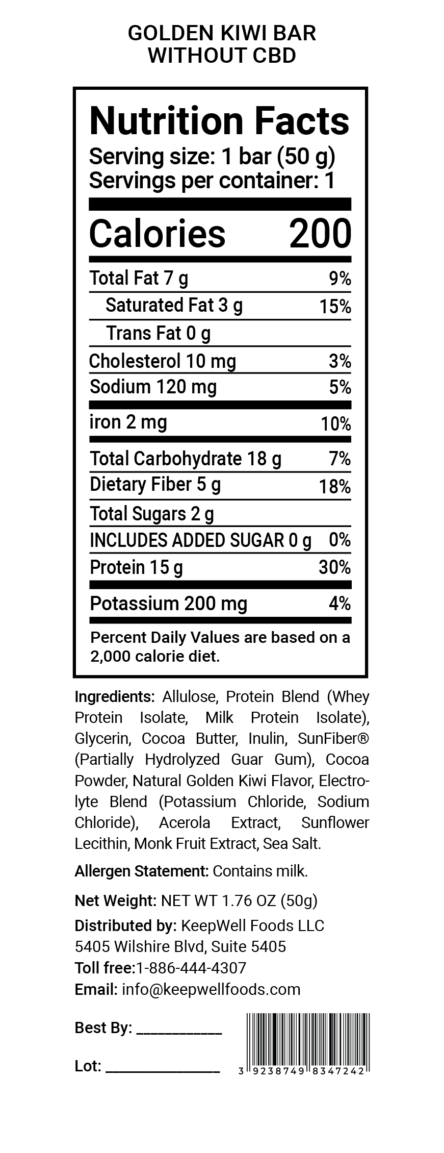 Golden Kiwi Protein Bar Nutrition Facts