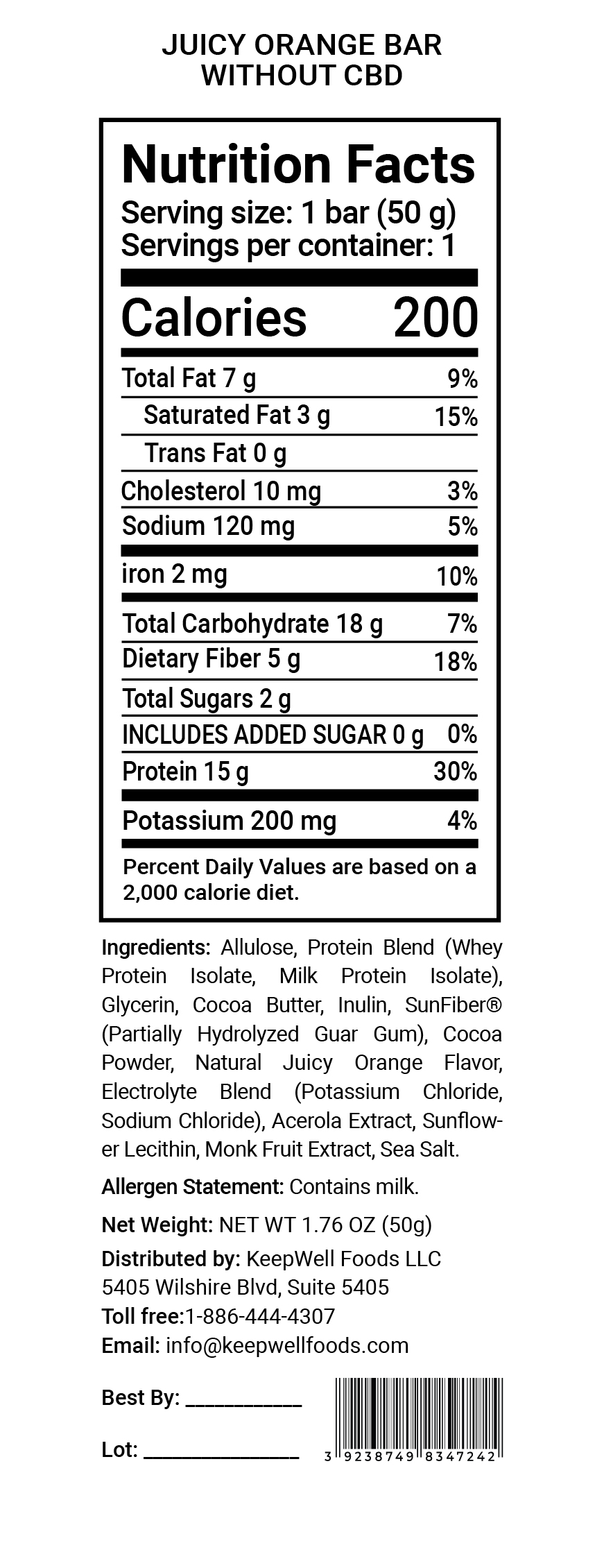 Juicy Orange Protein Bar Nutrition Facts
