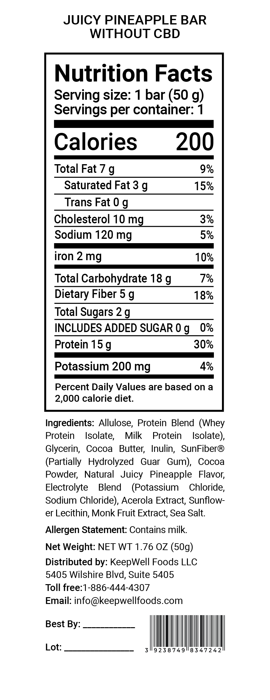 Juicy Pineapple Protein Bar Nutrition Facts