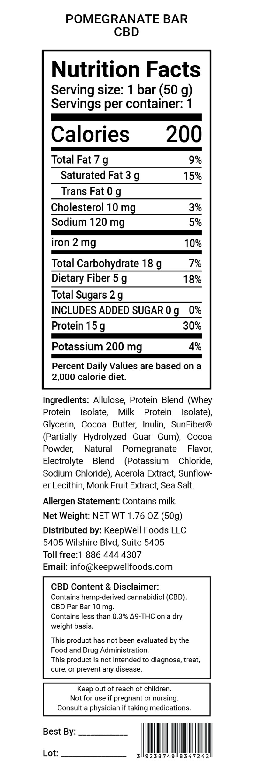 Pomegranate Protein Bar (CBD) Nutrition Facts