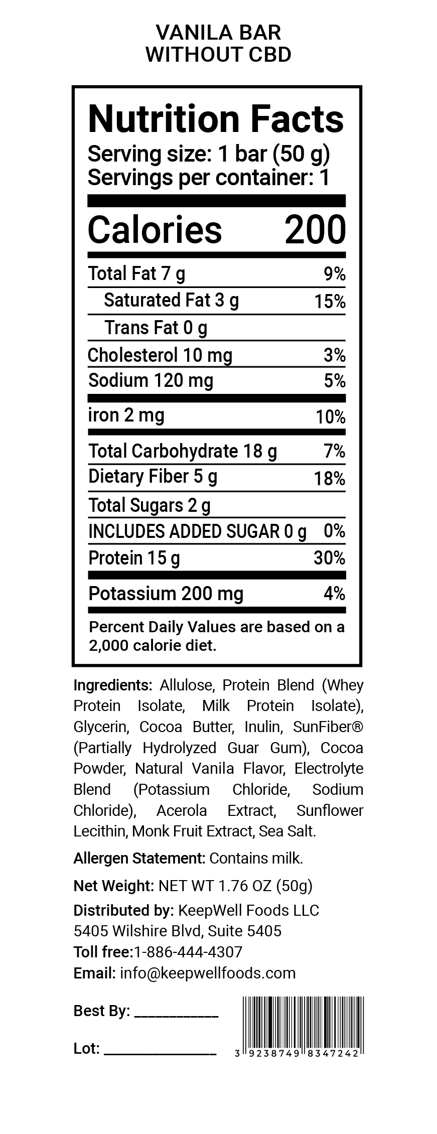 Vanilla  Protein Bar Nutrition Facts