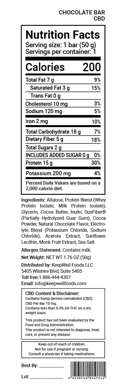 Chocolate Protein Bar (CBD) Nutrition Facts