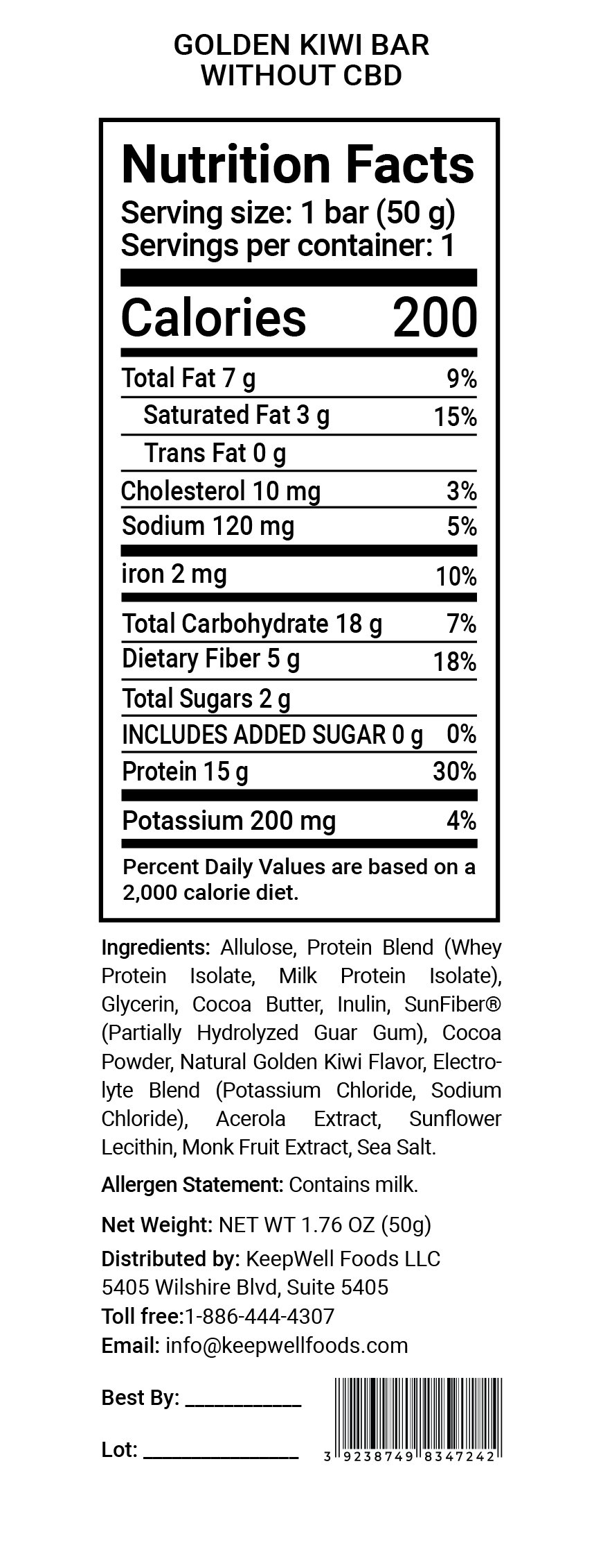 Golden Kiwi Protein Bar Nutrition Facts