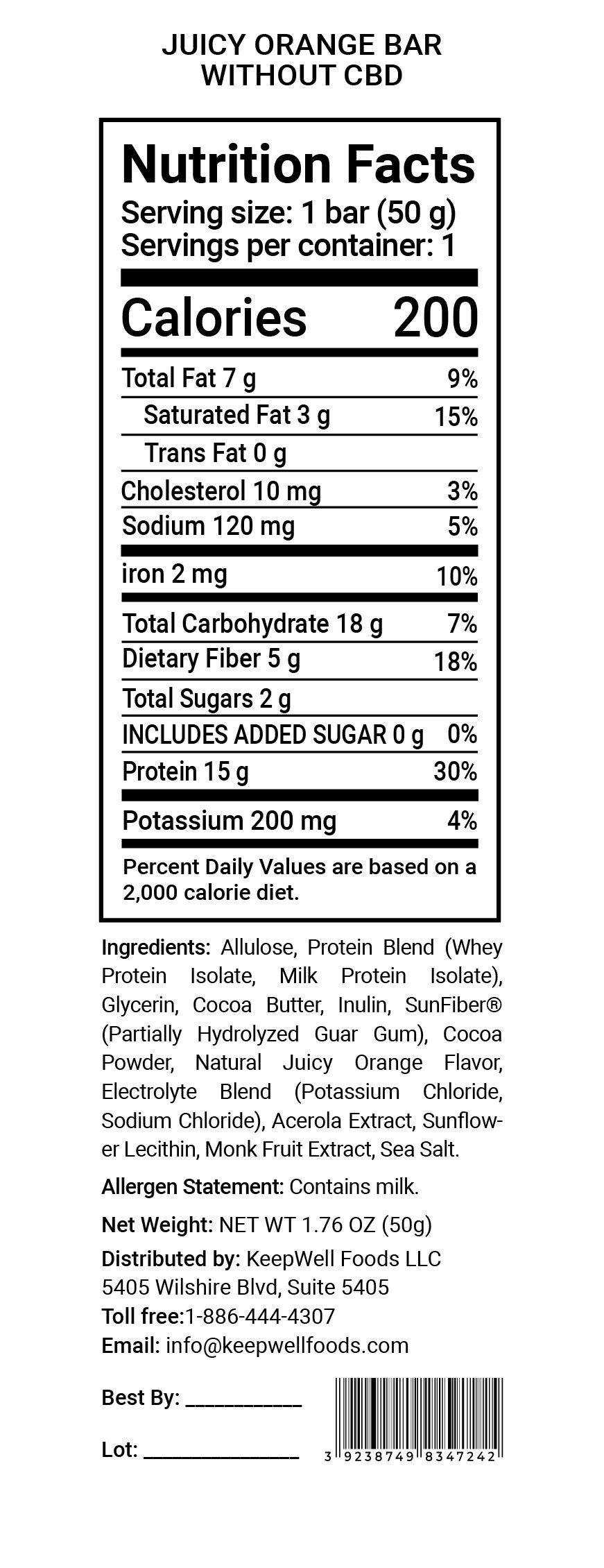 Juicy Orange Protein Bar Nutrition Facts