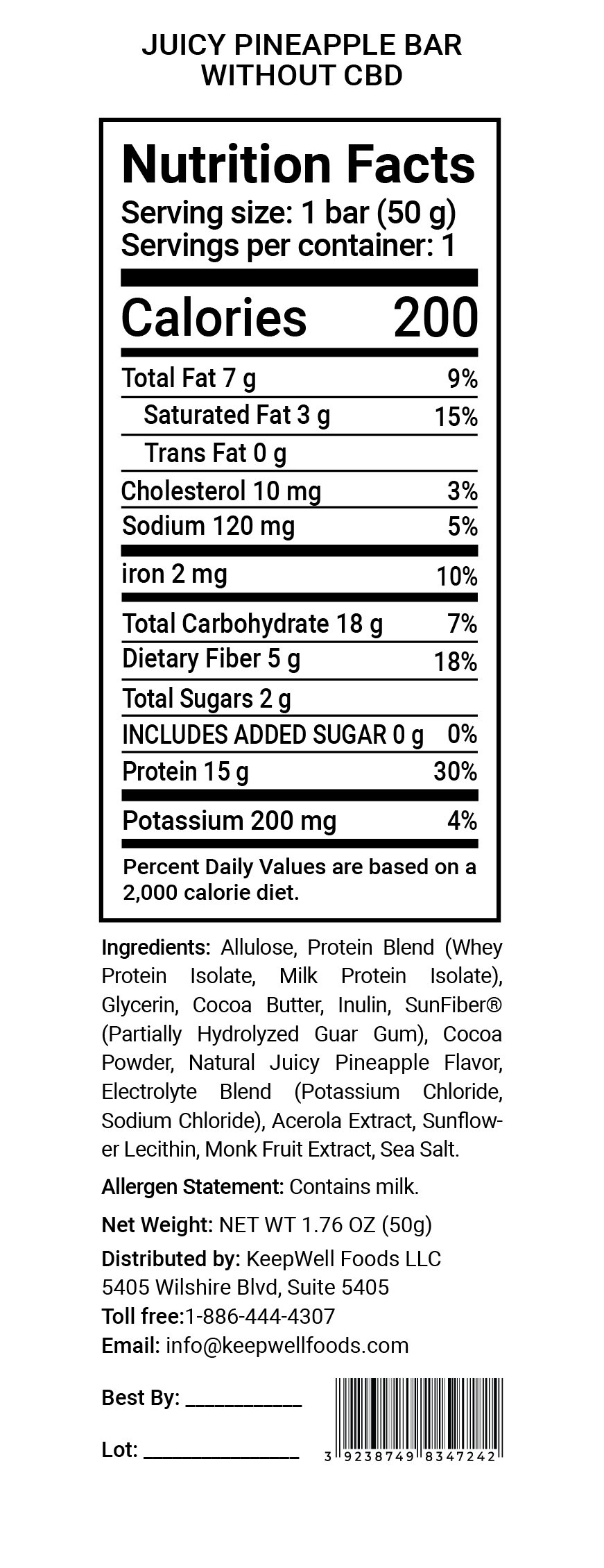 Juicy Pineapple Protein Bar Nutrition Facts