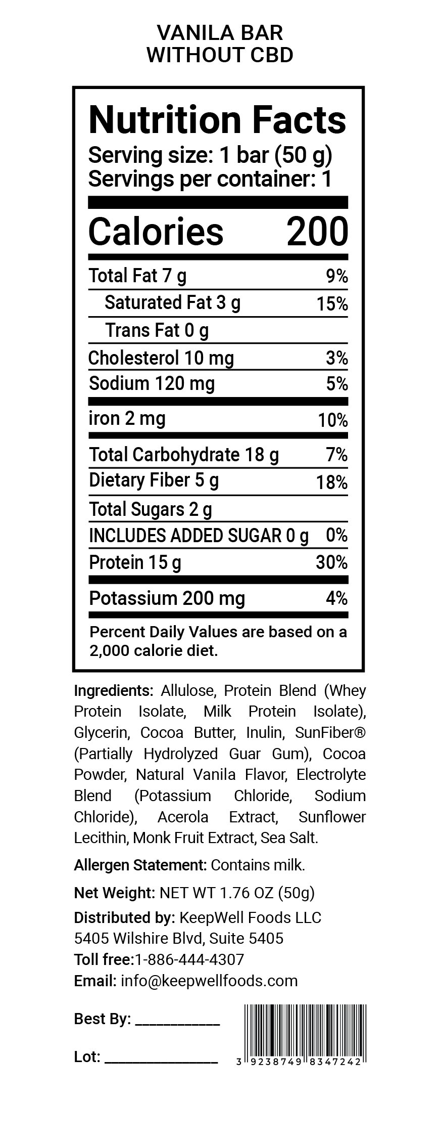 Vanilla  Protein Bar Nutrition Facts