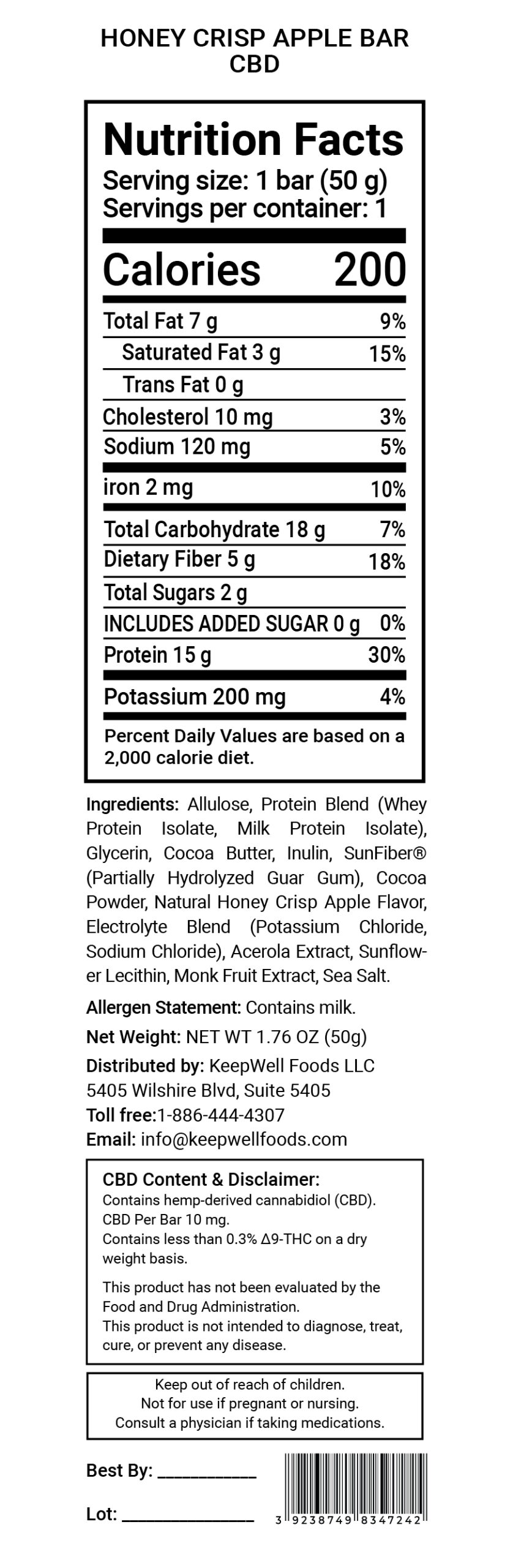 Honey Crisp Apple Protein Bar (CBD) Nutrition Facts