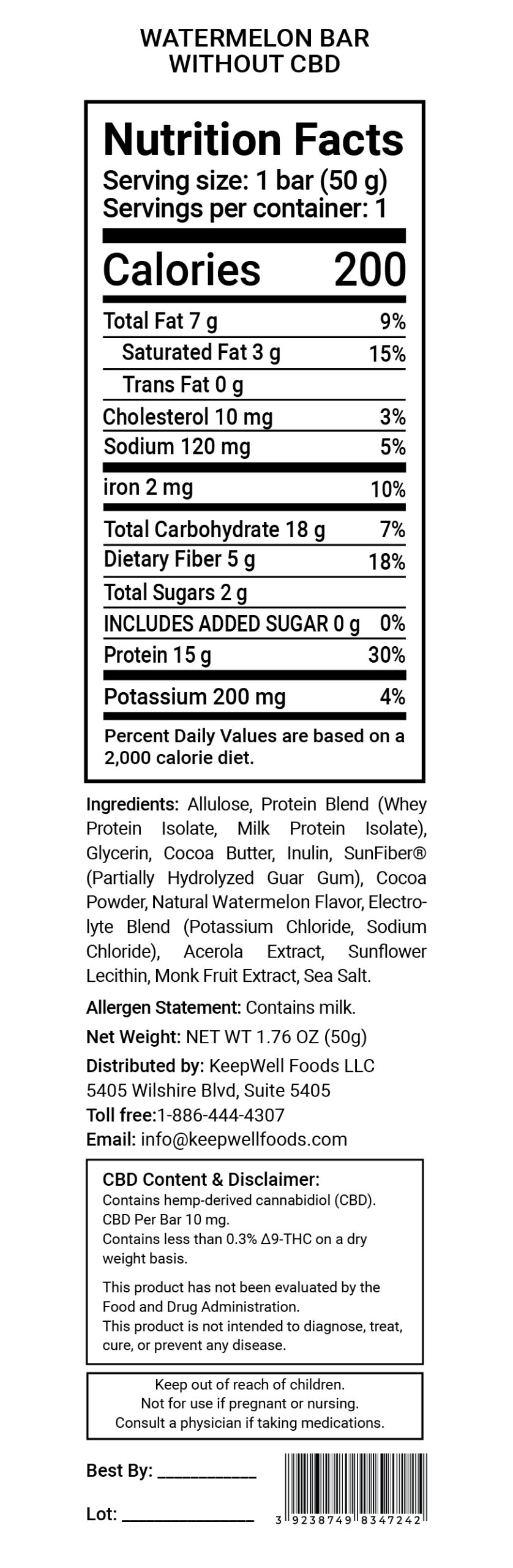 Watermelon Protein Bar (CBD) Nutrition Facts